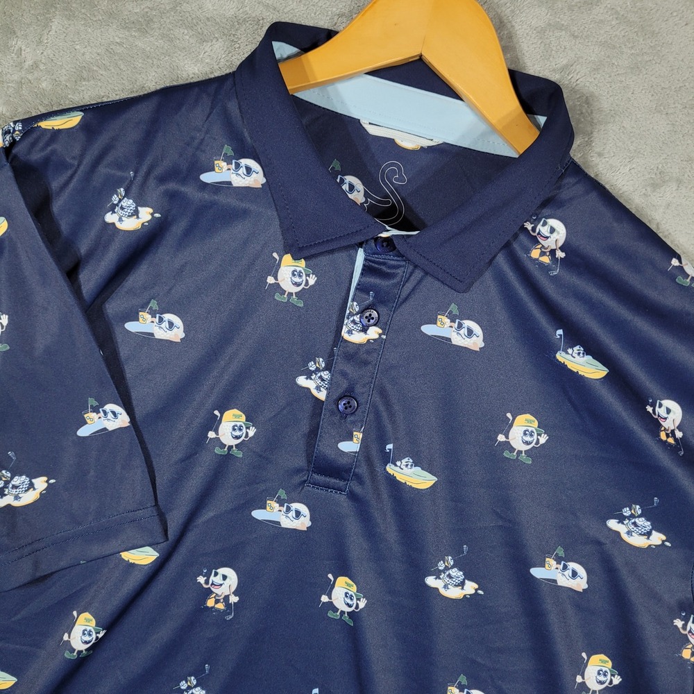 Swannies Polo Shirt Mens Large Navy Golf Ball Print AOP Short Sleeve Oakhurst